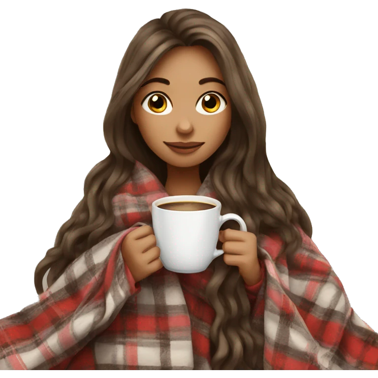 Beautiful girl with long hair wrapped in cozy plaid blanket drinking coffee emoji