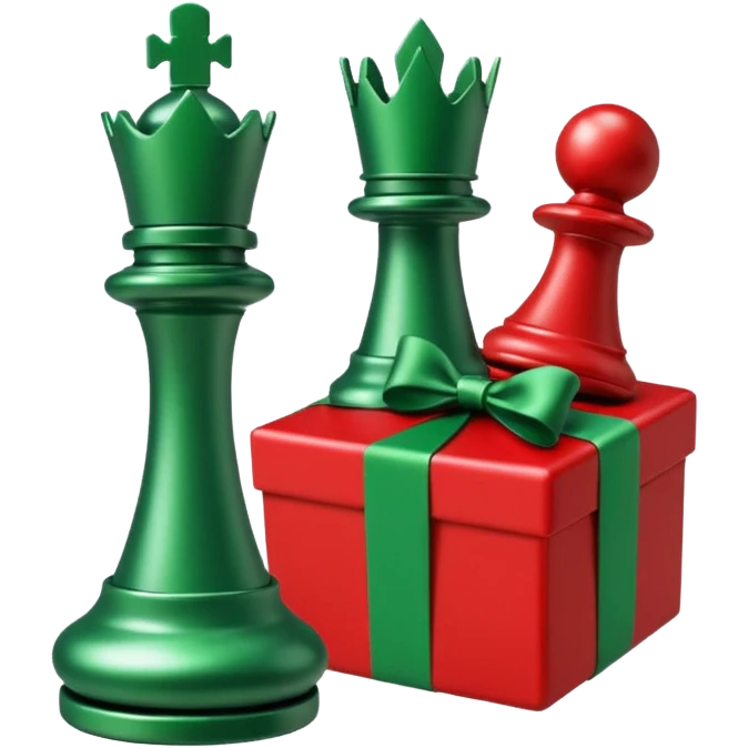 A red gift tied with a green ribbon in a white polka dot, with a knight and pawn chess pieces falling out of the gift emoji