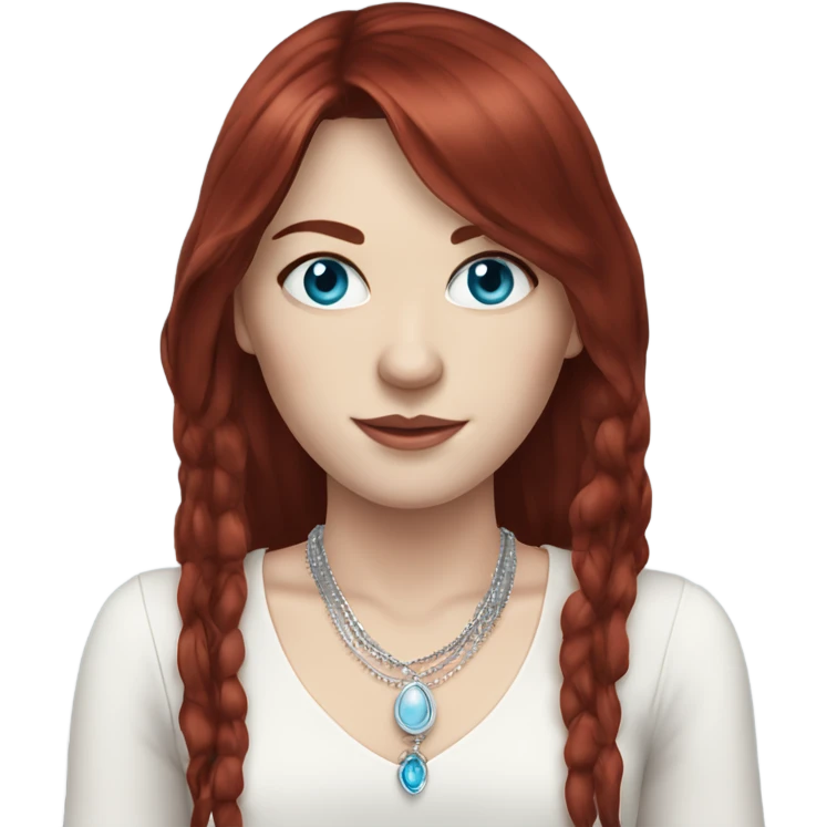 woman with pale skin, blue eyes and long dark red hair with layers and fringe bangs, wearing a white top and silver jewellery emoji