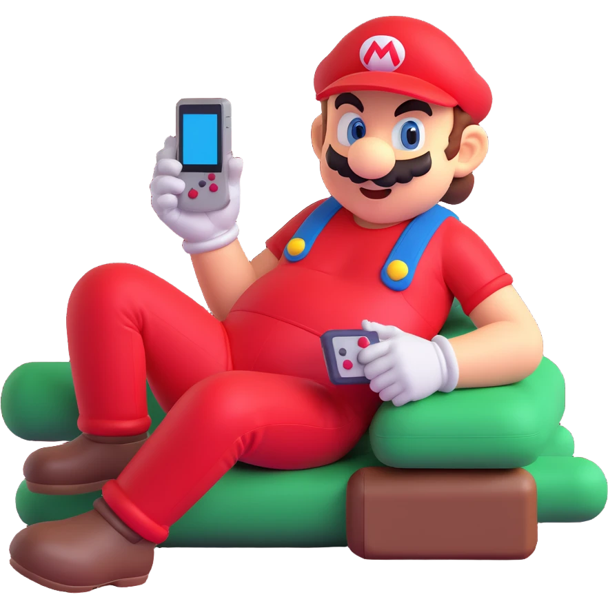 Super Mario lounging and playing a Gameboy, relaxed pose emoji