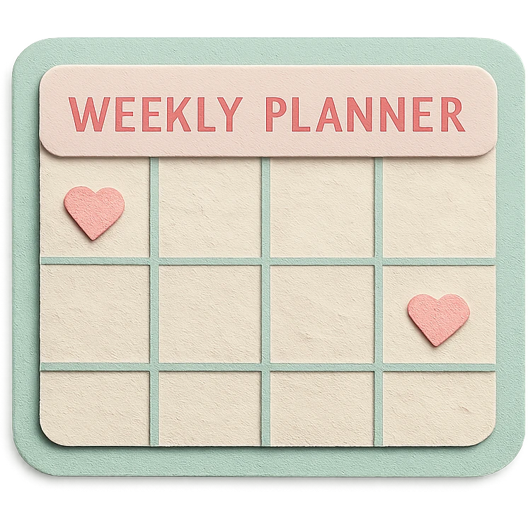 soft pastel kawaii weekly planner box with tiny heart icons, mint green border emoji