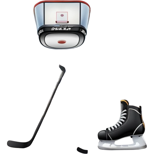 An icon featuring close-up shots of key hockey equipment: a hockey stick, puck, and skates. The background shows a packed stadium with cheering fans, bright arena lights, and an icy rink. Transparent background highlights the essentials of the game and the thrill of the sport. emoji