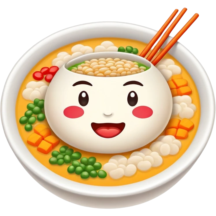 Laba Festival congee with colorful ingredients and garnishes, simplified emoji style with bold outlines and bright colors, cartoon style traditional Buddhist ceremonial porridge emoji