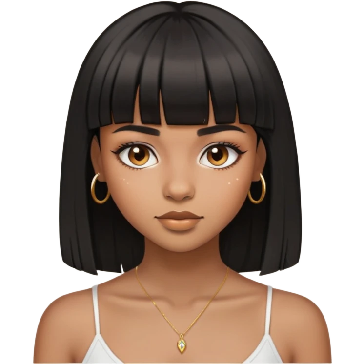 brownskin girl, beautiful girl, black straight hair with bangs above eyebrowns, nose piercing emoji