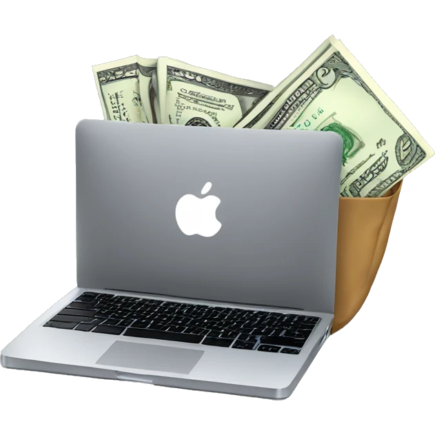 AN GRAY LAPTOP LIKE MACBOOK WITH SOME MONEY BAG BEHIND emoji