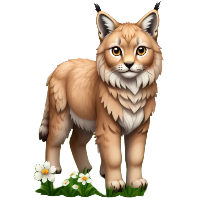Collage of exotic animals: a lynx with striking eyes, and a fluffy alpaca standing in a lush meadow. The lynx gazes intently while the alpaca looks calm and curious. Surrounded by vibrant plants and flowers. Transparent background for a lively, colorful scene. emoji