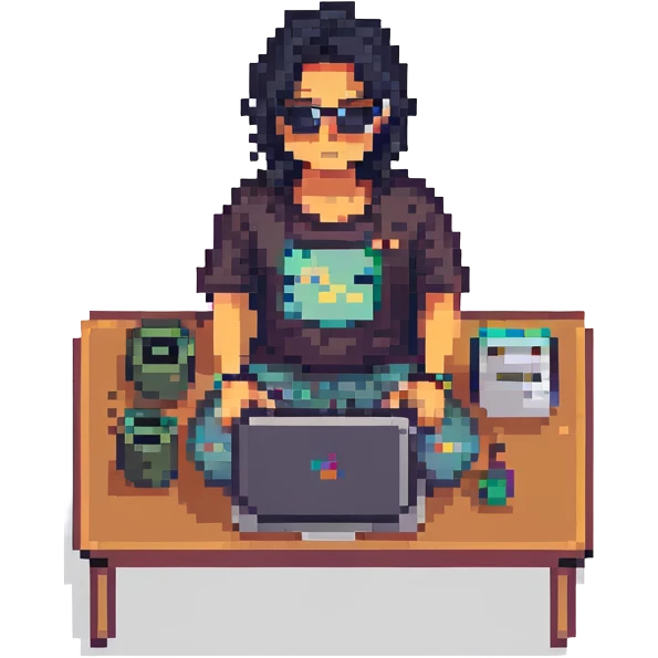 Asian man with black hair, wearing sunglasses, sitting in front of a laptop, pixel art style emoji