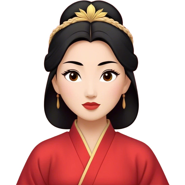 Cinematic Elegant Mulan Portrait Emoji, rendered in a flat, vector-style with minimal shading and bold, simplified shapes. Depict Mulan (chest and above) with warm, light-toned skin, almond-shaped eyes, and sleek black hair styled in a traditional bun. She wears a modest, traditional robe with subtle red and gold accents, glowing with a soft, refined radiance and high shine, capturing timeless beauty and inner strength. emoji