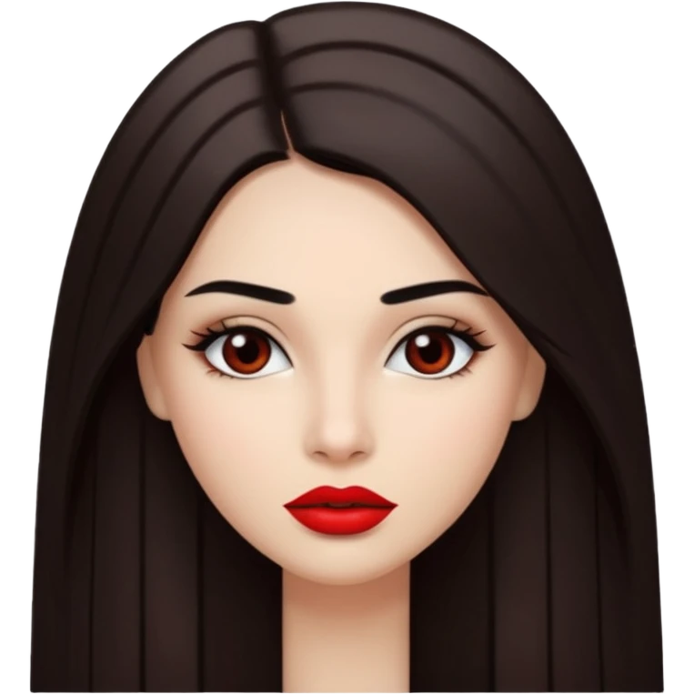 A woman emoji with fair skin, long straight dark brown hair parted in the middle, dark eyebrows, and red lipstick. emoji
