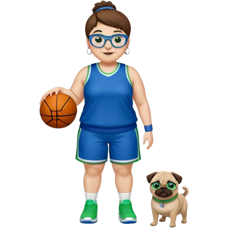 Full Body plus size white female basketball player with short medium brown hair with  spike hair wearing blue glasses 
With a pug wide nose wearing blue green uniform  green sneakers smiling wearing silver hoop earrings emoji