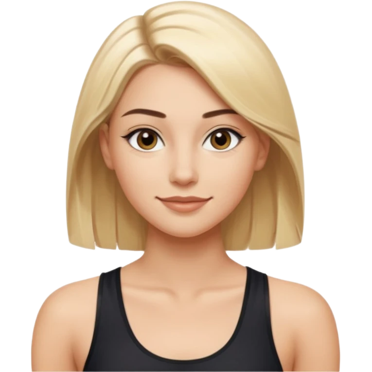 athletic young woman with shiny straight blonde hair center part light skin large brown eyes defined brows subtle winged eyeliner full nude lips confident friendly smile wearing simple black sleeveless athletic top smooth polished cartoon-like emoji