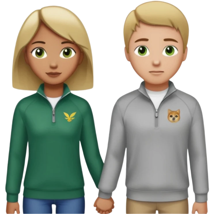 white guy with green eyes and brown hair wearing a quarter zip holding hands with a short filipino girl with blonde hair and long eyelashes wearing y2k girl styled clothing  emoji