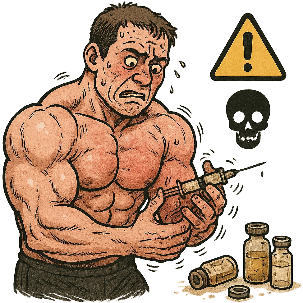 beginner bodybuilder injecting anabolic steroids without hygiene, dirty syringe, open vials, trembling hands, danger symbols and skull, swollen muscles but reddened skin, isolated on white background emoji