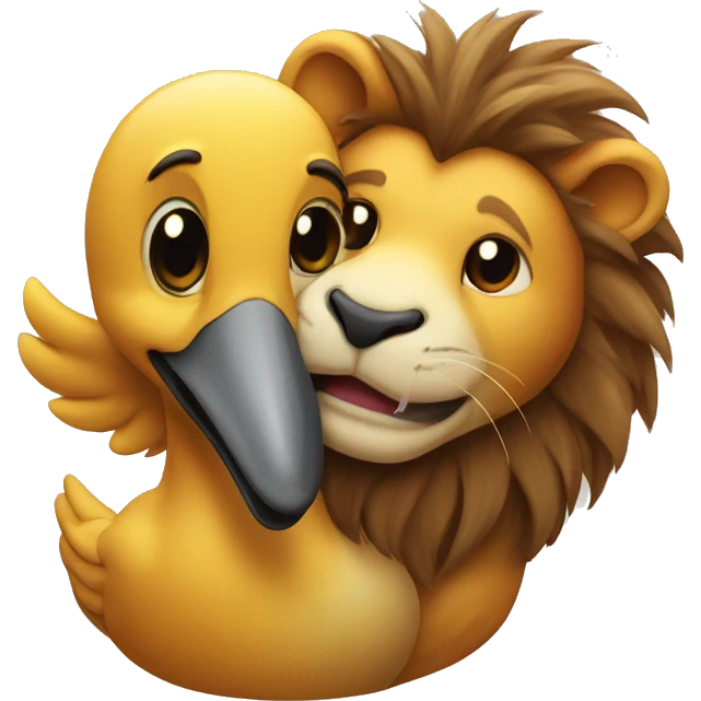 lion and duck hugging each other and super happy emoji