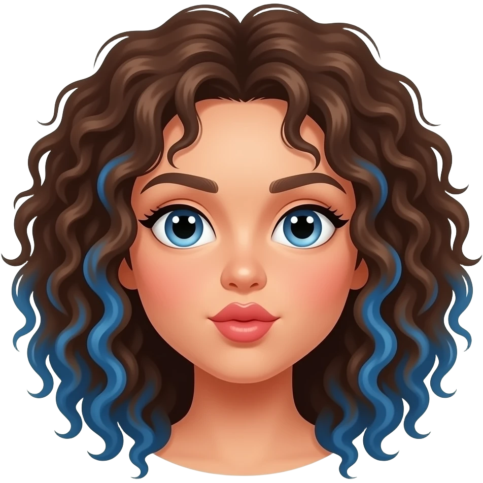 White woman with curly brown hair with blue highlights in hair blowing a kiss emoji