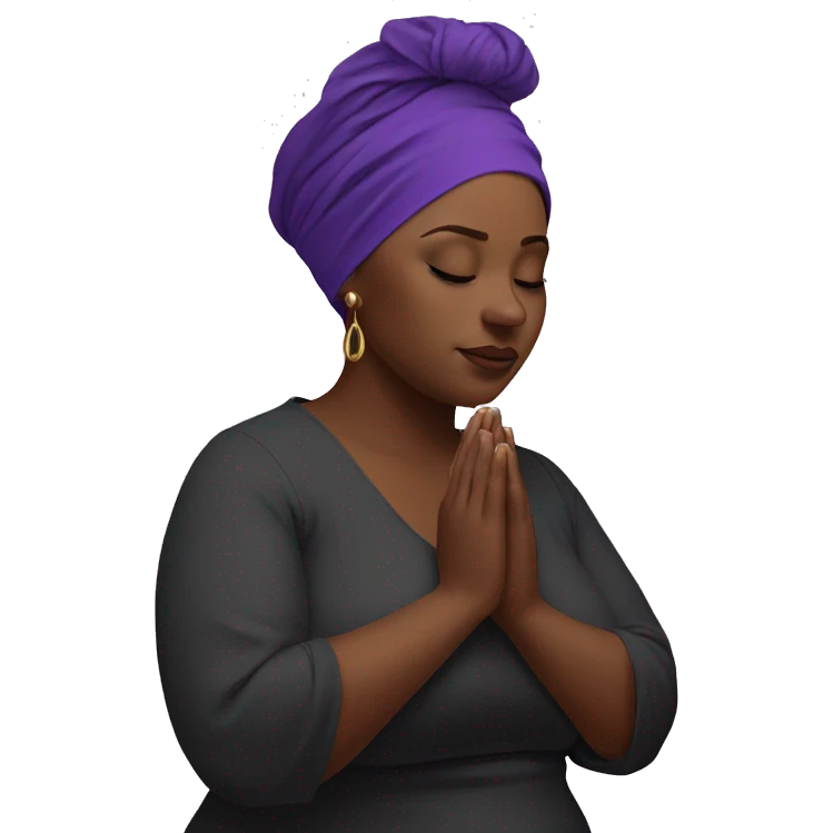 Dark Plus size woman praying with purple head wrap   emoji