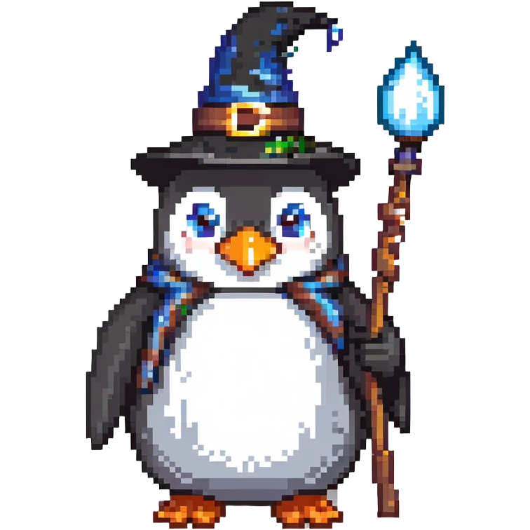 penguin wizard with a staff and wizard hat emoji