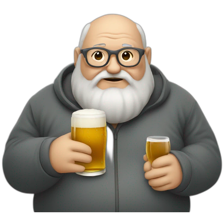 fat old man with dark grey beard and without hair, using eye glass drinking beer emoji
