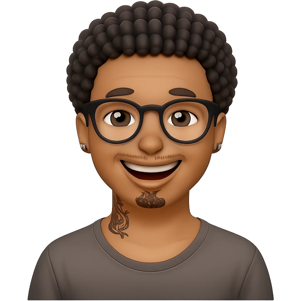 Make this character smile, keeping the same style, glasses, and tattoos. The background should be transparent. Maintain the original artistic style and details as much as possible. emoji