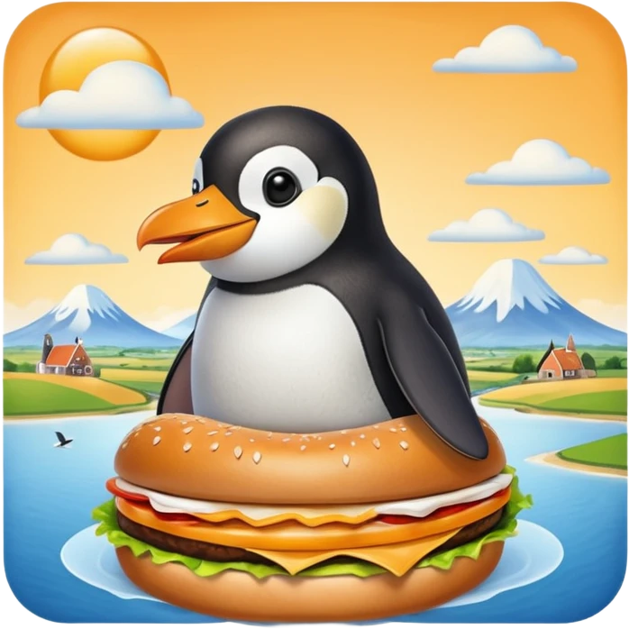 penguin eating a hamburger while flying over a Dutch landscape emoji