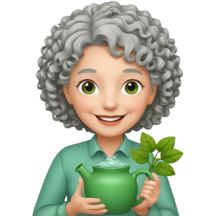 Older female florist – curly hair, holding garden water pot emoji