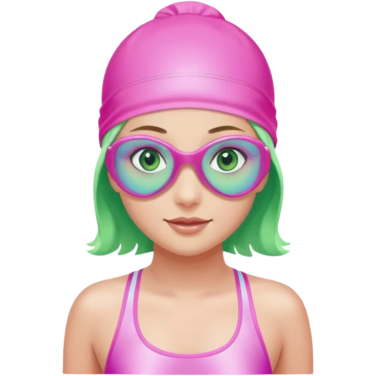 pretty girl with green eyes pink swim cap holographic swimming glasses and cute profesional swimmer pink swimsuit without her hair visible swimming emoji