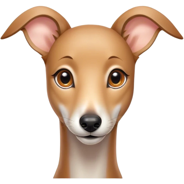 Cinematic Cute Fawn Greyhound Portrait Emoji, Head tilted playfully and inquisitively, featuring a sleek fawn Fur with a gentle sheen, round, sparkling eyes filled with curiosity, Simplified yet irresistibly adorable features, highly detailed, glowing with a warm, friendly glow, high shine, affectionate and nimble, stylized with a touch of whimsy, bright and endearing, soft glowing outline, capturing the essence of a mischievous yet loving racer, so playful it feels like it could sprint out of the screen and into your arms! emoji