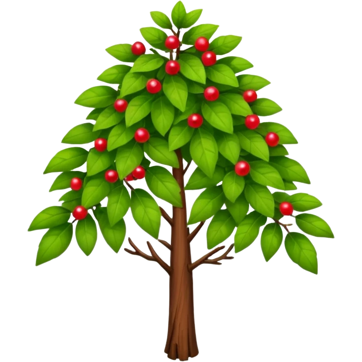 A tall shrub with layered leaves and a few small berries. emoji