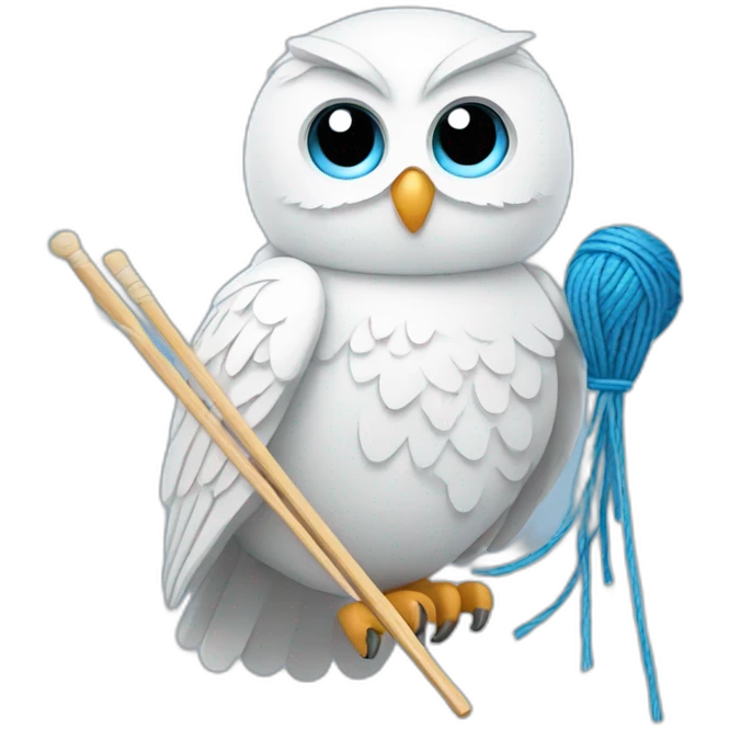 White Owl holding blue yarn ball and knitting needles emoji