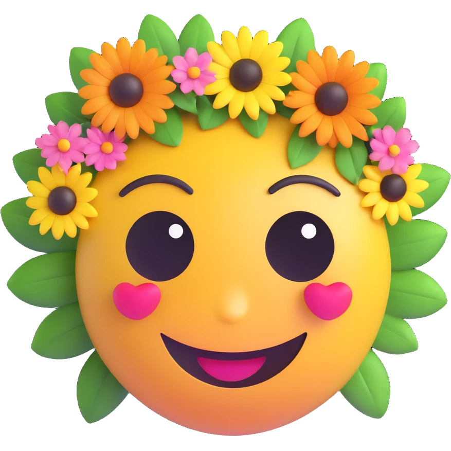 3D smiley emoji, large eyelashes, girly, floral headpiece, loving eyes emoji