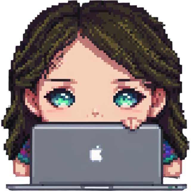 close-up of a girl's face peeking over a MacBook, pixel art style emoji