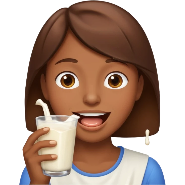 Happy brown hair emoji with milk spilling from mouth emoji