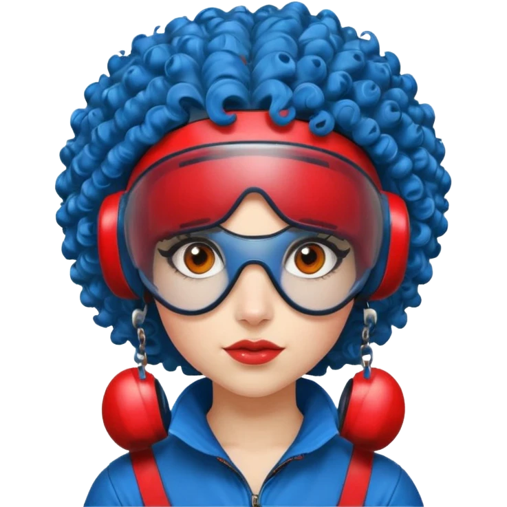 blue curly haired girl with huge earrings wearing red paintball helmet and eye protection, only face  emoji