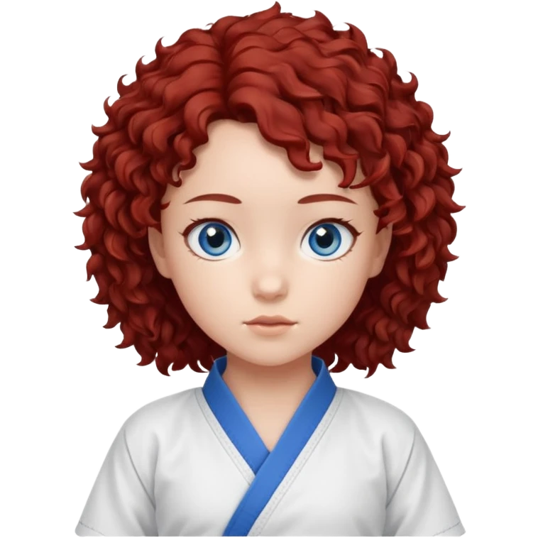 generate a young girl with dark red curly hair, blue eyes. in a white karate outfit  emoji