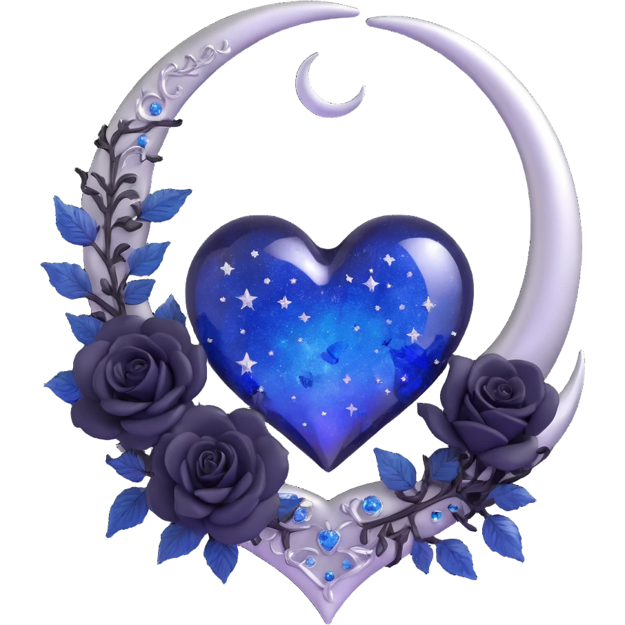 gothic heart made of midnight blue glass with a silver crescent moon, tiny black roses, shimmering stardust, frost and ice effect emoji