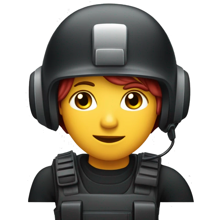 operator dressed in black with a milatary helmet, without glasses, wearing a headset, ready to respond to alerts, preferably red-haired female  emoji