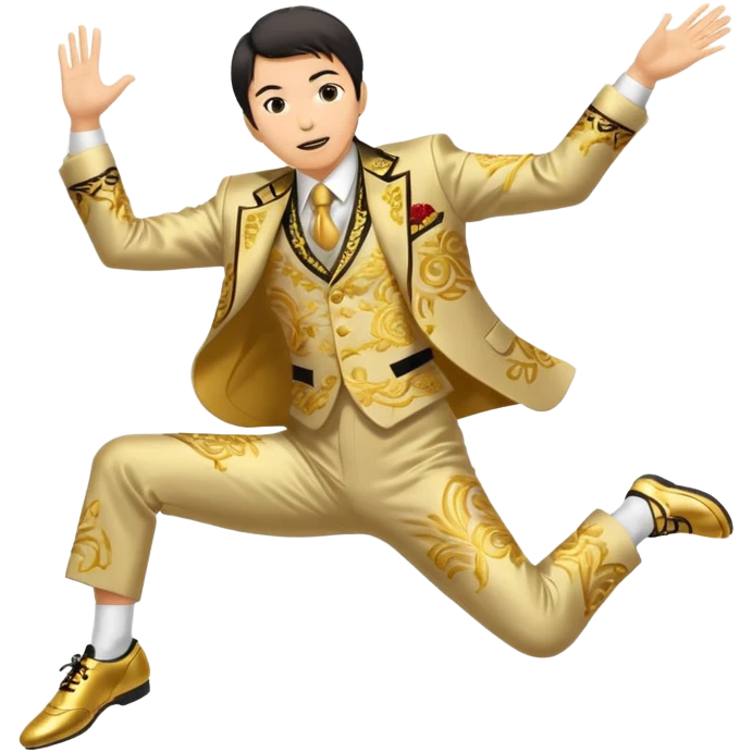 japanese yoshiro nakamatsu in crazy gold emroidered suit jumping in jumping shoes emoji