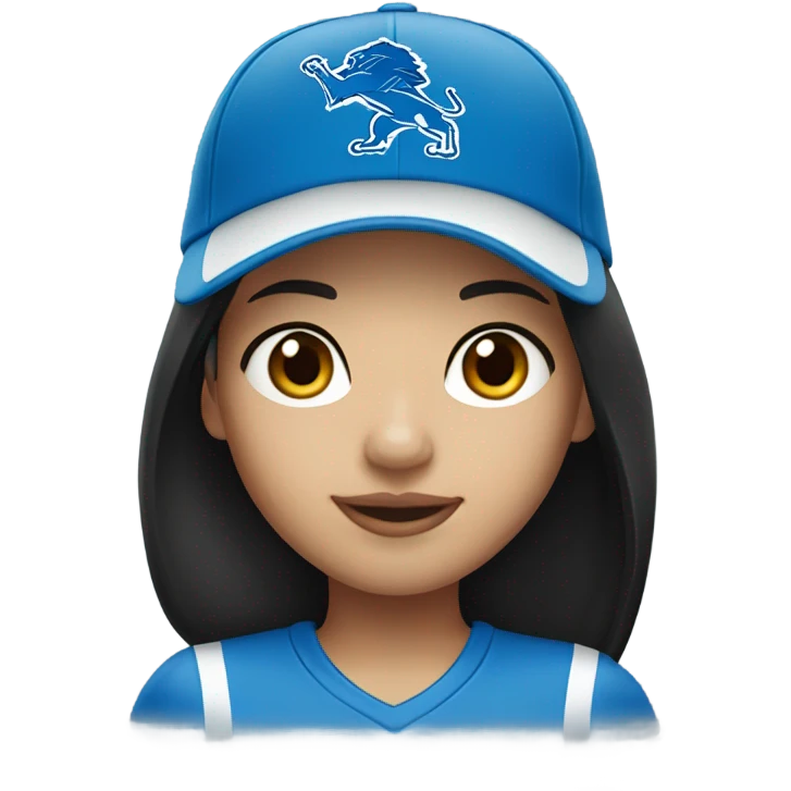 Asian girl with straight black hair wearing a Detroit Lions hat emoji
