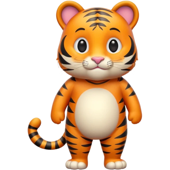 Cute tiger emoji, full body, standing pose, smiling face, big round eyes, orange fur with black stripes, chubby and adorable, short legs, small ears, 3D emoji style, smooth shading, bright colors, simple clean design, transparent background emoji