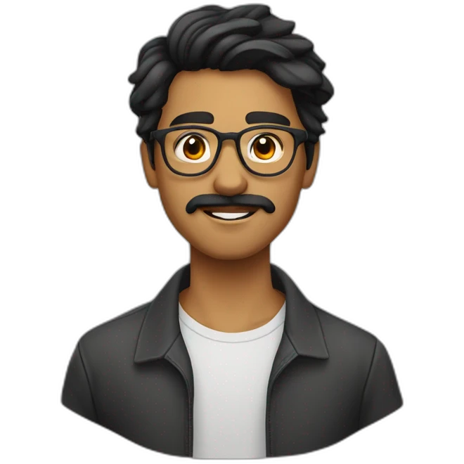 Indian teenager with light moustache and a goatee, with long wavy black hair,jawline, wearing glasses emoji