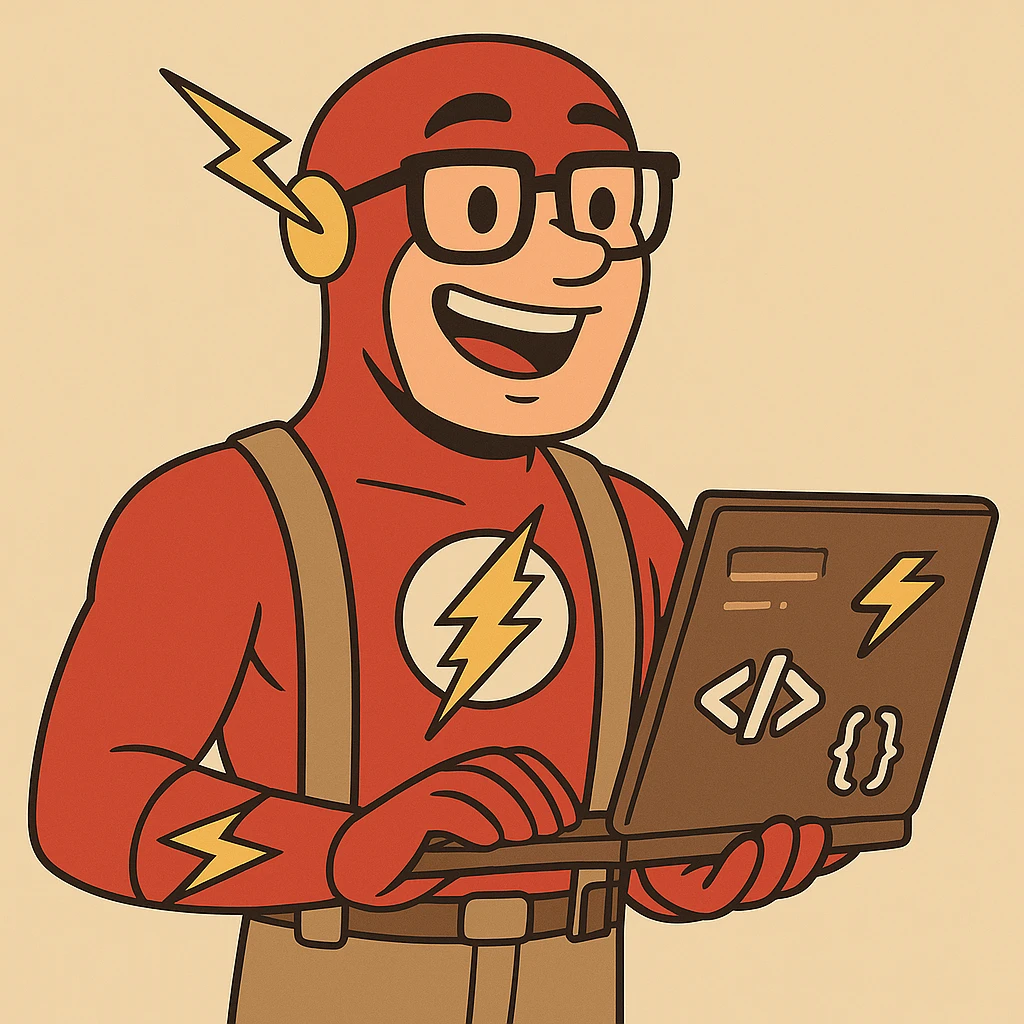 Make The Flash a nerdy programmer, add a laptop, coding stickers, and code symbols, cartoon style in flat toon style. emoji