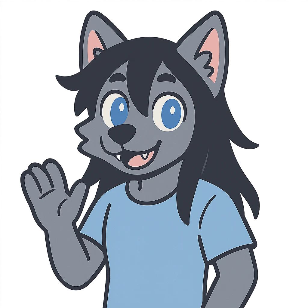 anime style wolf furry character with blue eyes, long black hair, wearing a light blue shirt emoji