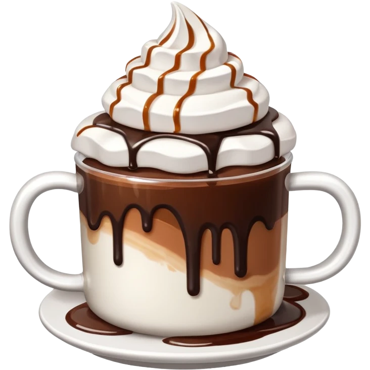 A cup of hot chocolate. With whipped crea On top, Caramel  Sauce on top. And chocolate sauce on top with marshmallows on top. emoji