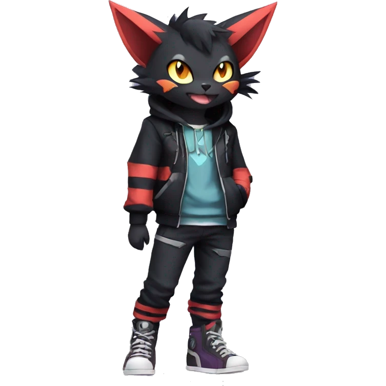 Cool Anthro Black Noibat-Quilava-Litten-Pokémon with edgy stripes hoodie spiked collar punk Full Body emoji