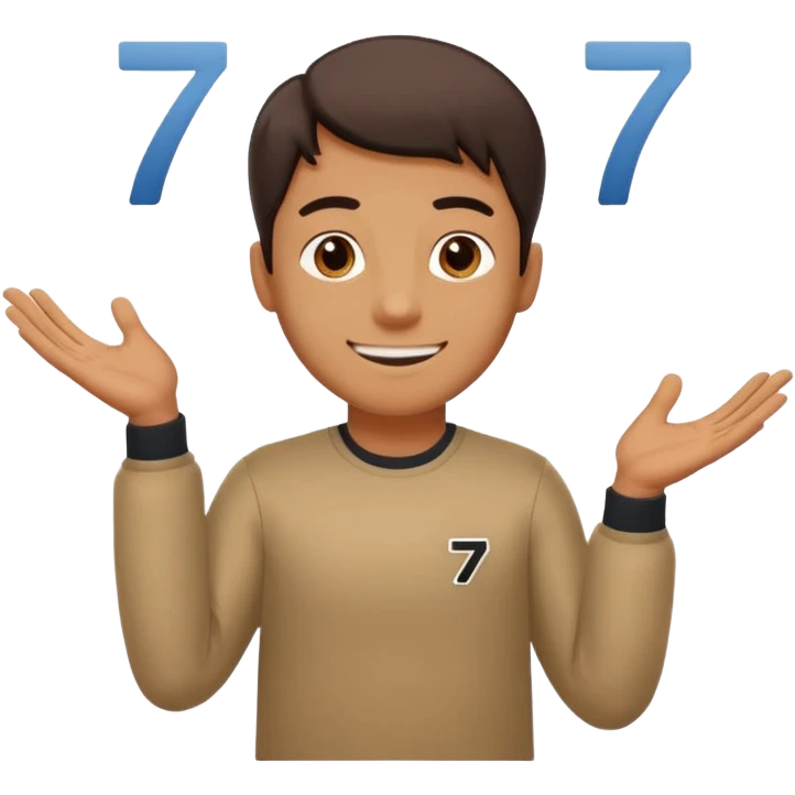 A man shrugging his shoulders with 6 abuve his left hand and 7 abuve his right emoji
