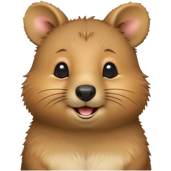 Cinematic Cute Quokka Portrait Emoji, Head tilted playfully and inquisitively, featuring a fluffy, round face with a naturally cheerful grin and bright, sparkling eyes full of playful curiosity, Simplified yet irresistibly adorable features, highly detailed, glowing with a warm, friendly glow, high shine, affectionate and spirited, stylized with a touch of Aussie whimsy, bright and endearing, soft glowing outline, capturing the essence of a mischievous yet loving quokka, so playful it feels like it could scamper out of the screen and into your arms! emoji