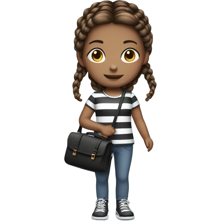girl with brown hair two braids holding small black and white striped bag emoji