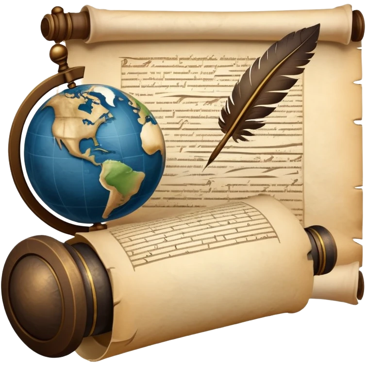 An icon featuring an ancient scroll, a quill pen, and a globe, symbolizing the study of history. The design includes a timeline with significant historical events, with ruins in the background to evoke past civilizations. Transparent background emphasizes the exploration of human history emoji