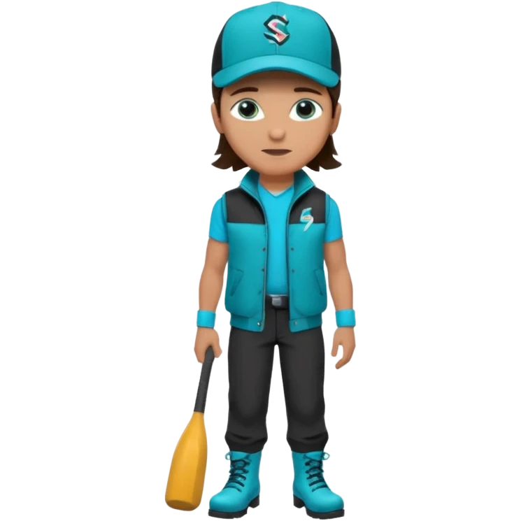 A landscaper in a beautiful turquoise jacket and turquoise boots, black pants, and a black sleeveless shirt. On his head is a black Swissotel baseball cap. The girl is a brunette with blue eyes. emoji