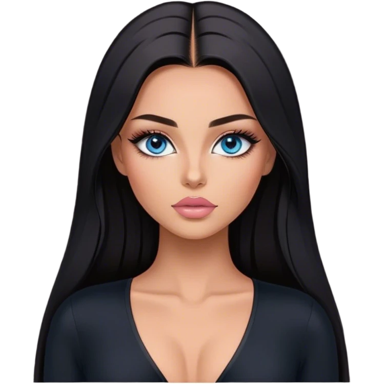 Glamours make-up, tanned, beautiful, girl, with blue eyes, big pump peach-beige-rose lips, eyeliner, long lashes, black straight smooth silky long hair, parting hair in the middle,  in black v-neck bodysuit long sleeves emoji